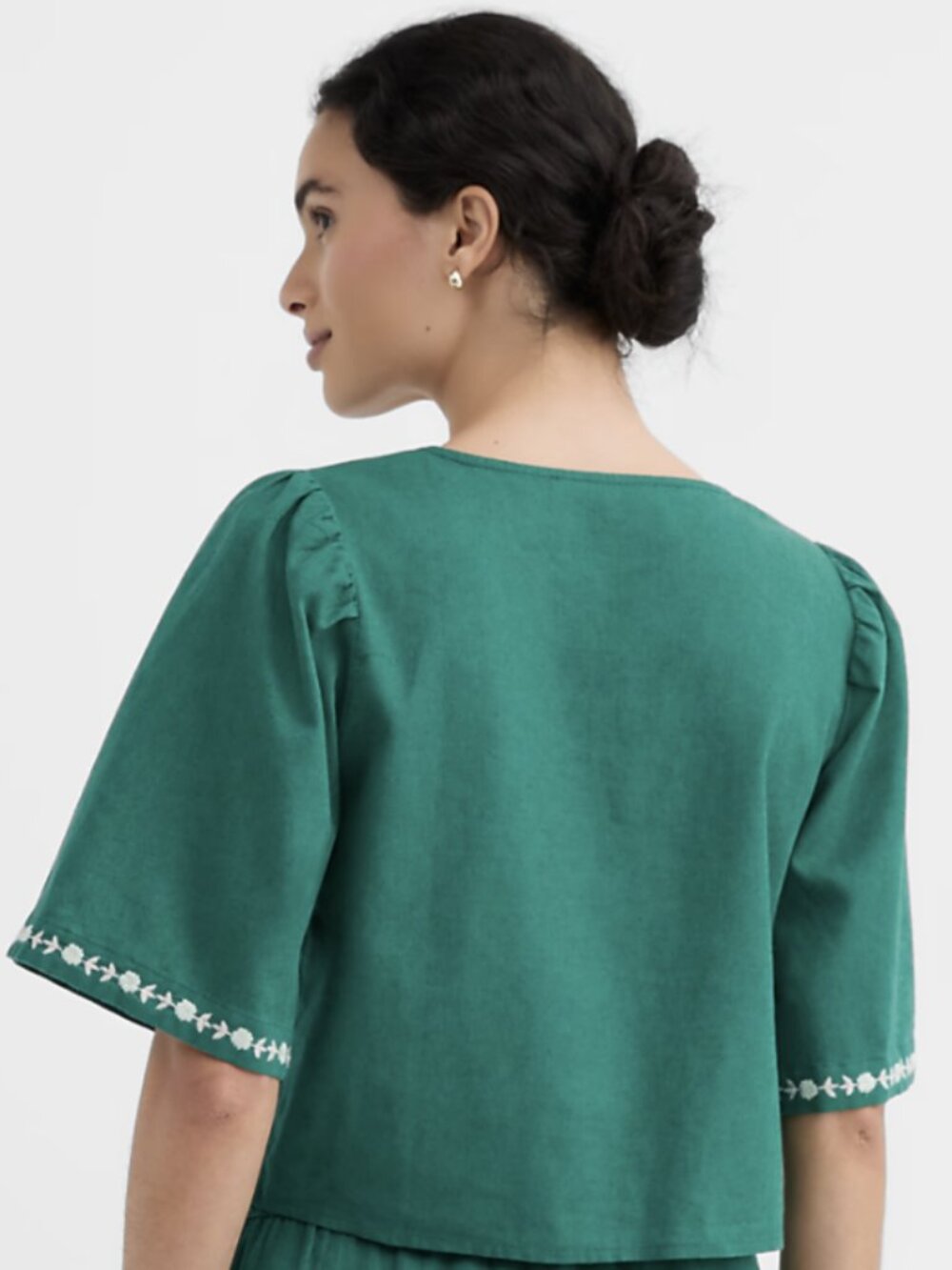 LOFT Floral Linen Cotton Bow Blouse | Evergreen | Size L - Picture 3 of 7